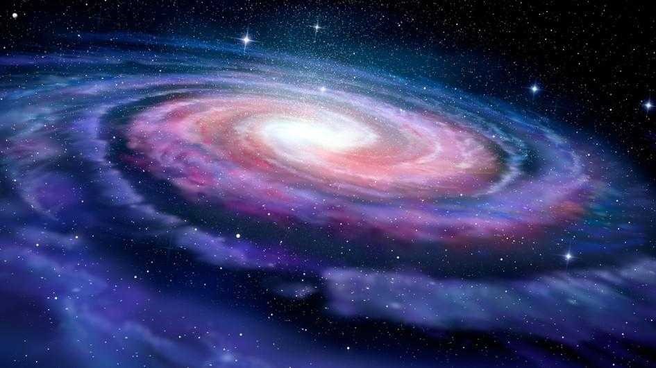 A vibrant illustration of a spiral galaxy surrounded by stars, showcasing swirling patterns of pink and blue amidst the darkness of space.