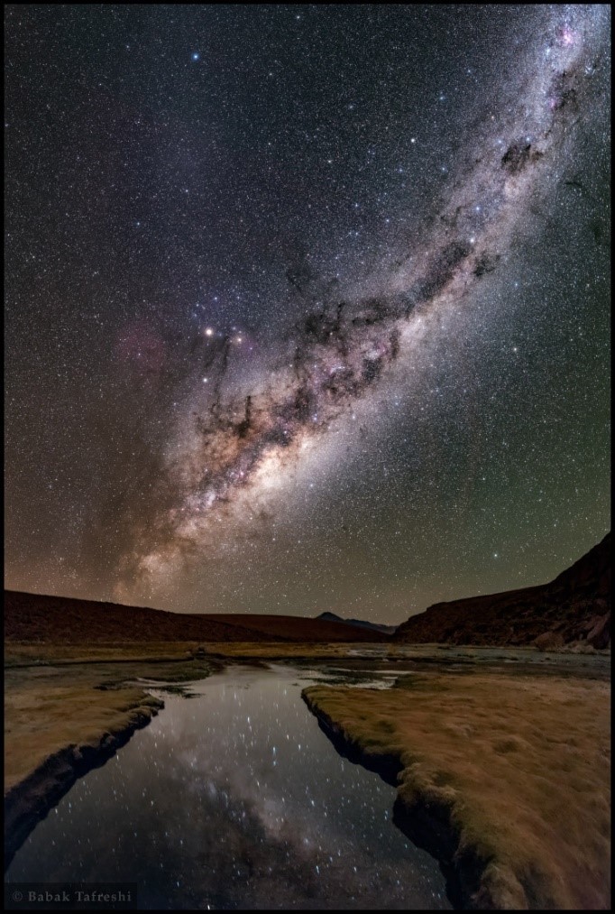 A night sky filled with myriad stars and the Milky Way galaxy arching above a serene landscape. A reflective water body mirrors the celestial splendor, surrounded by sparse earthy terrain under a cosmic expanse.