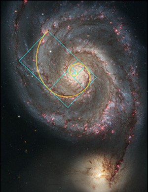 A detailed image of a spiral galaxy, featuring swirling arms adorned with pink and blue star-forming regions and luminous stars. A geometrical overlay with various lines and figures accentuates specific astronomical features.