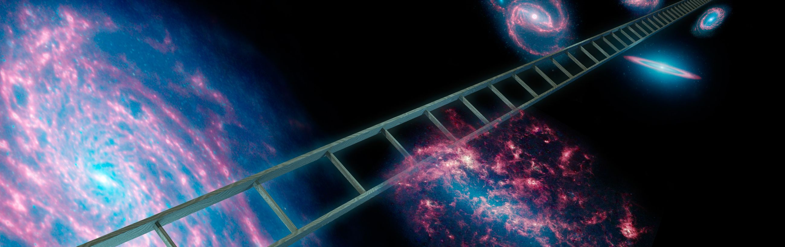 A surreal digital artwork depicting a wooden ladder extending across a vibrant and colorful cosmic scene with nebulae, star clusters, and various celestial bodies against a dark space background.