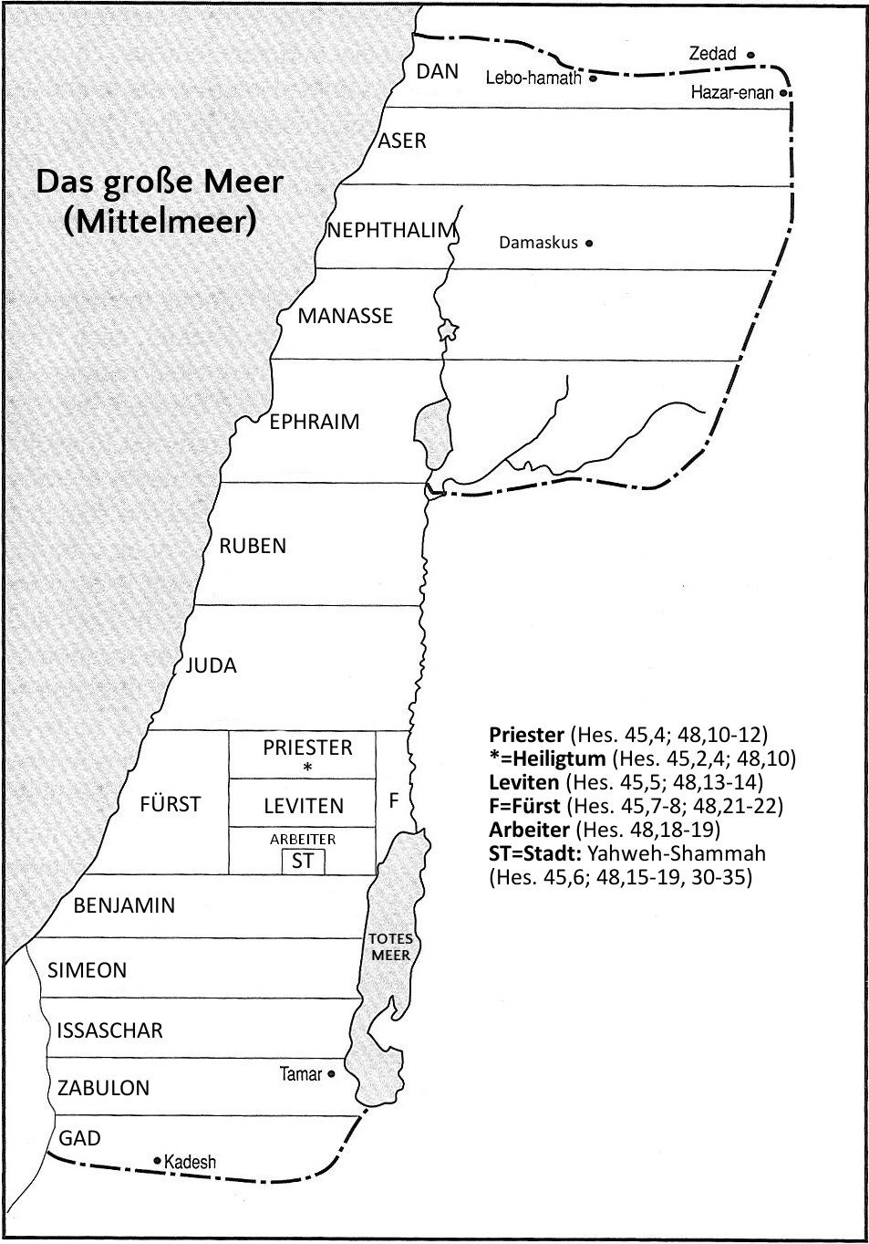 Karte der biblischen Stämme Israels, die sich an das Mittelmeer und das Tote Meer grenzen. Die Karte zeigt die Verteilung der Stämme wie Dan, Benjamin, Judah, und andere, sowie Städte und geografische Merkmale wie Tamar und Hazar-enan.
