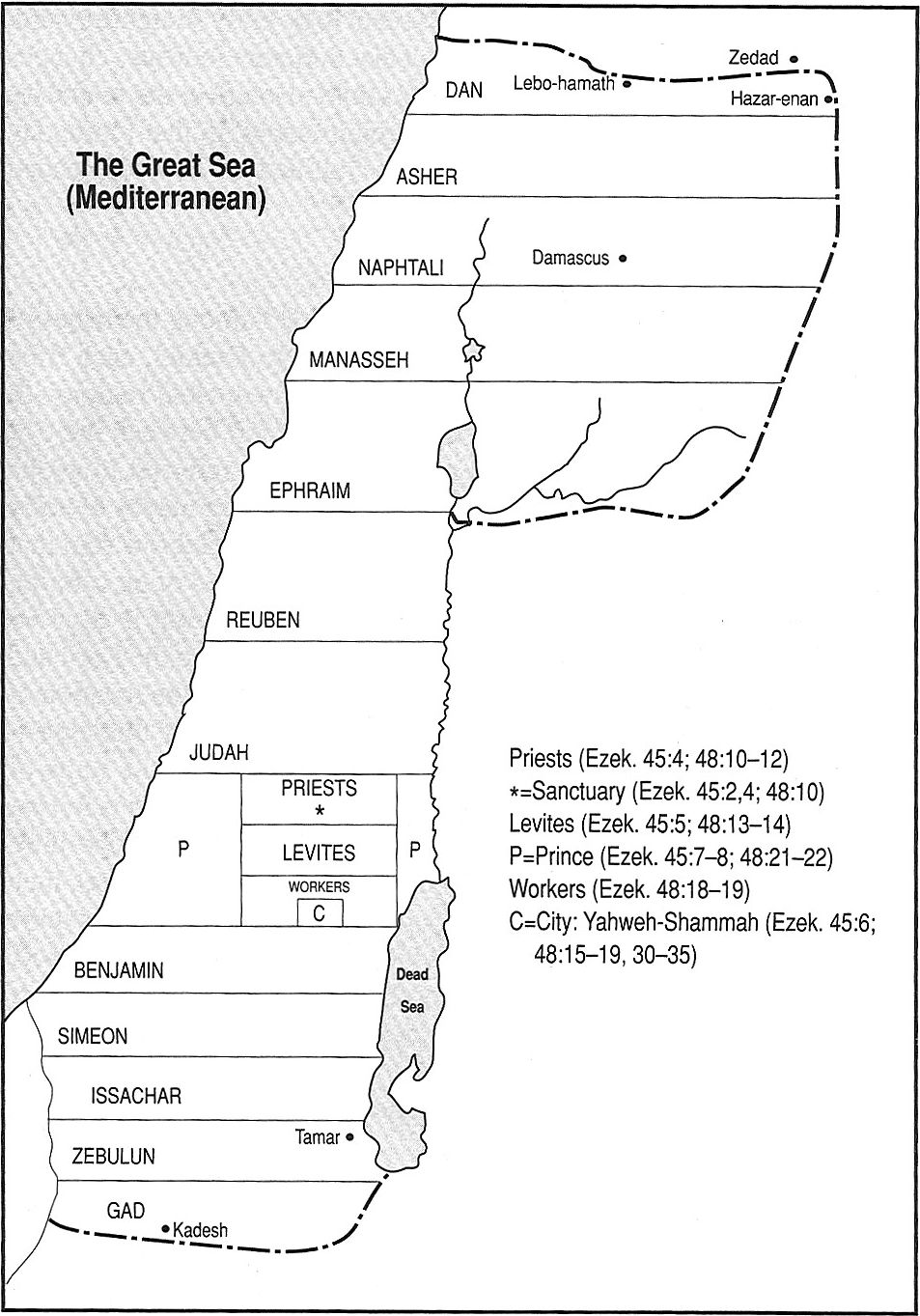 A detailed black and white map showing the division of ancient territories near the Mediterranean, delineating tribal allocations such as Judah, Benjamin, and Ephraim among others. The map includes significant geographical markers like the Dead Sea and the city Damascus, and textual annotations referring to Biblical passages from Ezekiel.