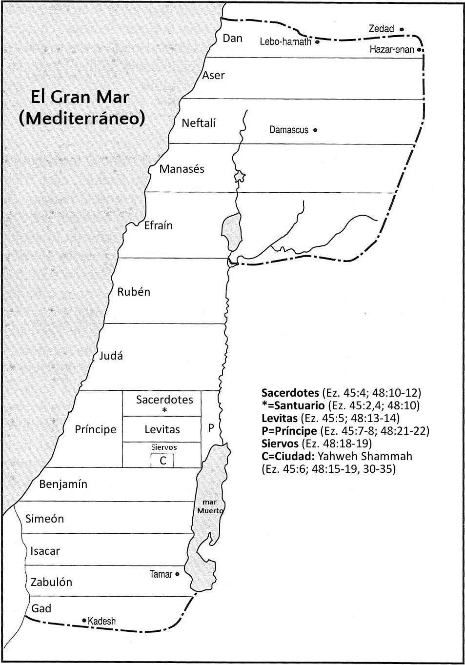 Mapa en blanco y negro que muestra la división tribal de la antigua Israel con referencias a pasajes bíblicos específicos para cada agrupación. En el mapa, destacan nombres de tribus como Dan, Judá y Benjamín, y localizaciones geográficas como el Mar Mediterráneo y el mar Muerto. También se detallan áreas dedicadas a sacerdotes, levitas y siervos, junto a las referencias de los libros de Ezequiel.