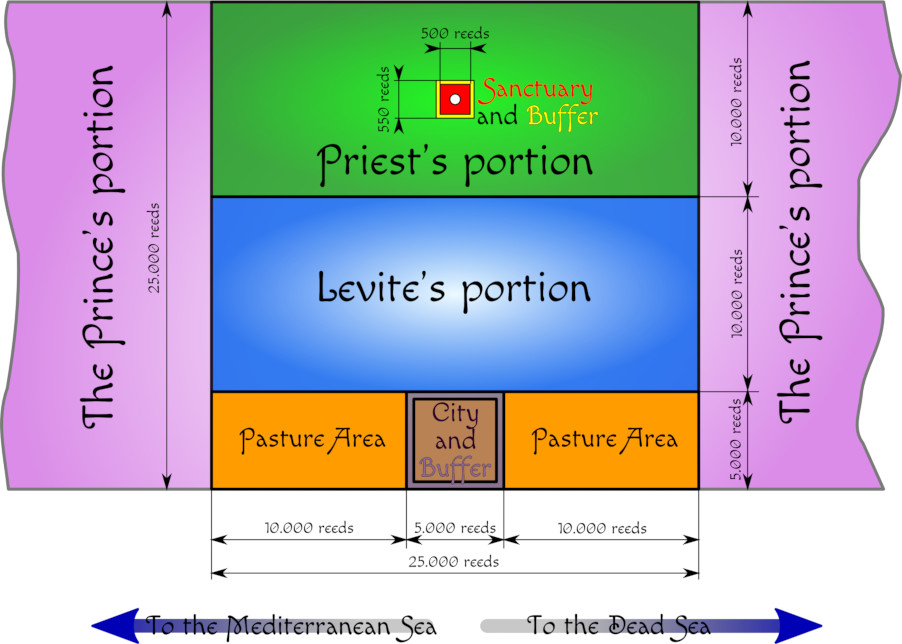 A color-coded schematic diagram illustrating land divisions. The left side labeled "The Prince's portion" and right side mirrored, also labeled as "The Prince's portion." The center sections are divided into "Priest's portion" in green with a small red square representing the "Sanctuary and Buffer" and underneath, "Levite's portion" in blue, followed by orange sections labeled “Pasture Area” on either side of a central yellow section labeled “City and Buffer." Measurements in reeds are annotated across the diagram, indicating distances to the Mediterranean Sea on the left and the Dead Sea on the right.