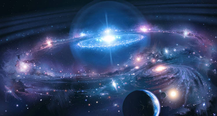 A vibrant digital artwork portraying a celestial scene with a galaxy ring illuminated by an intense central star. Cosmic dust, radiant star clusters, and the silhouette of planets enhance the scene, reflecting the majesty of the cosmos.