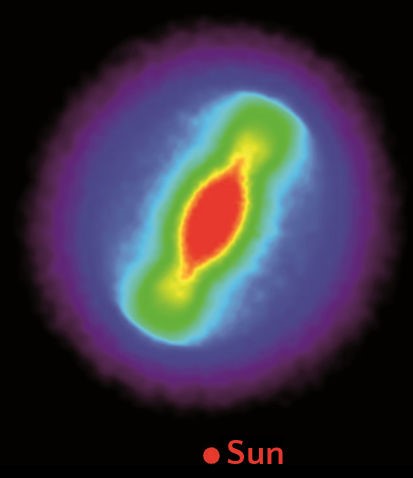 Colorful astronomical thermal image representing a cosmic phenomenon, with a central glowing area in shades from red to yellow, surrounded by layers of green and purple, against a black background. A caption reading 'Sun' is placed at the bottom.