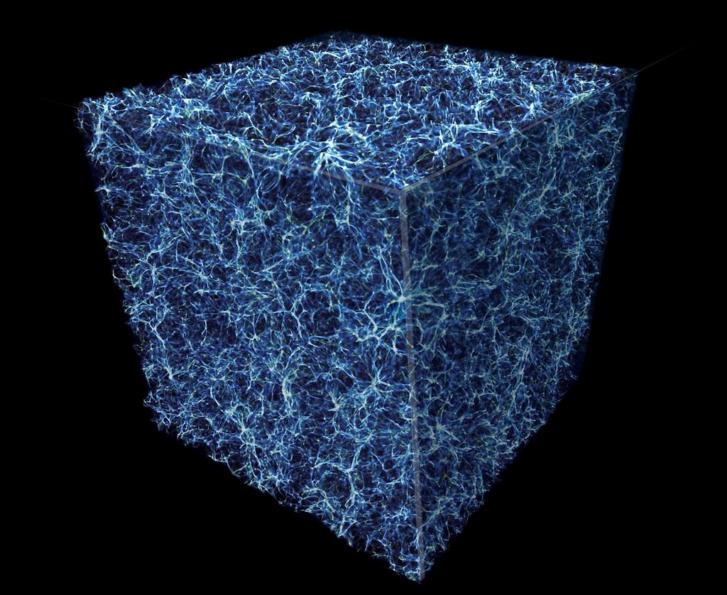 A three-dimensional cubic simulation showing a complex network of blue filaments resembling the large-scale structure of the universe. These clusters and filaments represent concentrations of galactic materials, evoking the cosmic web that connects diverse celestial bodies across the cosmos.