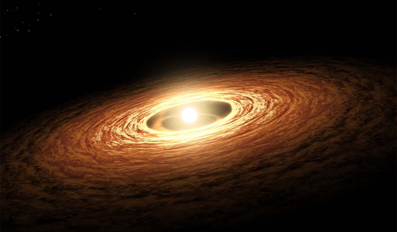 Illustration of a bright central star surrounded by a swirling disk of gas and dust particles, set against a dark cosmic background sprinkled with distant stars.