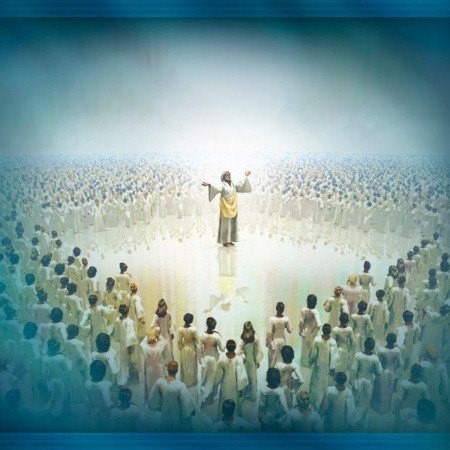 A large gathering of figures in white robes stands before a central figure, who is elevated and extends his arms towards a soft blue and glowing celestial backdrop, suggestive of stars.
