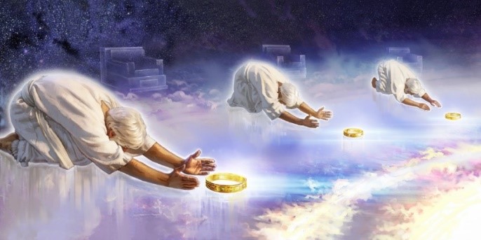 An illustration depicting three ethereal figures in white robes, kneeling over a celestial plane with hands extended towards golden rings. The scene is set against a cosmic background with star-filled heavens and nebulous clouds, evoking themes of divinity and the mysteries of the universe.