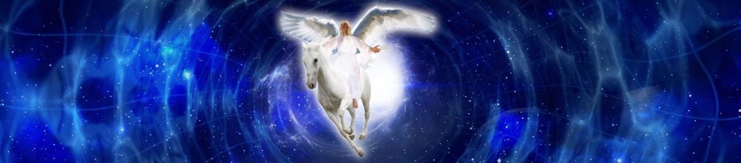 A celestial scene featuring a radiant being riding a white horse with large wings, soaring through a star-filled nebula. The cosmic backdrop glows with blues and whites, representing the vastness of the universe.