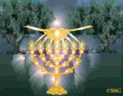 An artistic depiction of a golden menorah with seven branches surrounded by olive trees. The menorah is adorned with various celestial symbols reflecting elements of the Mazzaroth, set against a serene body of water reflecting the image.