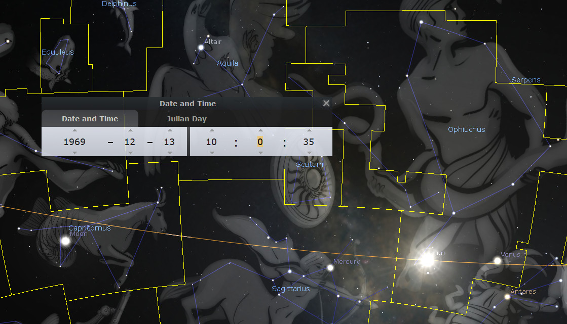 Digital illustration of celestial configurations depicting constellations overlaid with figures from ancient narratives. Prominent stars and planets like Altair, Aquila, and Serpens are labeled. A widget titled "Date and Time" displays "1969 - 12 - 13" and "Julian Day 2440216.02662037035," referencing a specific point in time used for astronomical calculations.