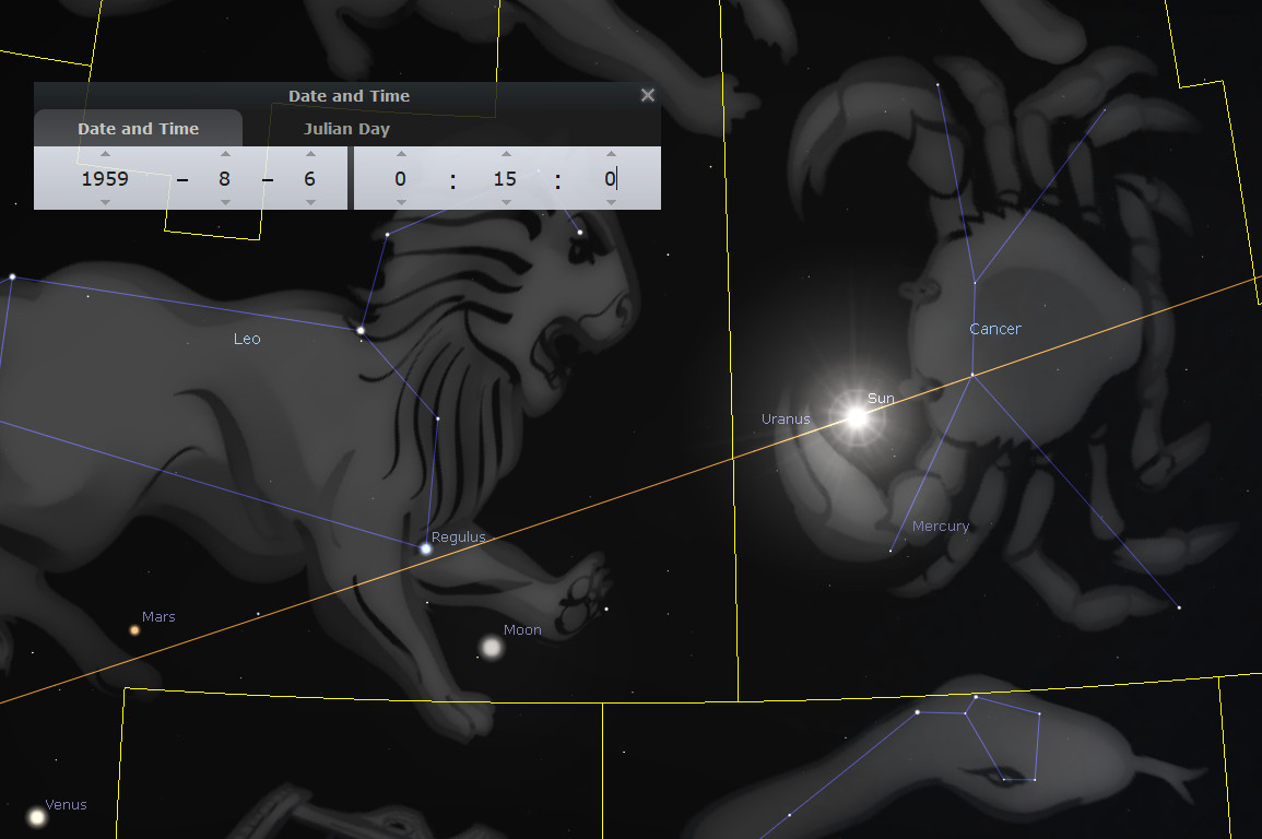 A digital representation of the night sky showing the constellation Mazzaroth illustrations of a lion and a crab, with overlaid lines forming their shapes. Notable celestial bodies such as the Sun, Mercury, Venus, Mars, Moon, and Uranus are marked. An interface displays the date and time alongside Julian Day for August 6, 1959.