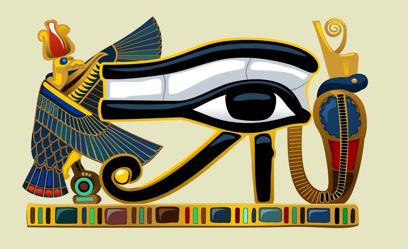 A vibrant and detailed illustration of an ancient Egyptian symbol depicting a stylized eye surrounded by elaborate decorative elements, including a falcon-headed figure with a cobra and a representation of celestial themes linked to ancient astronomical concepts.