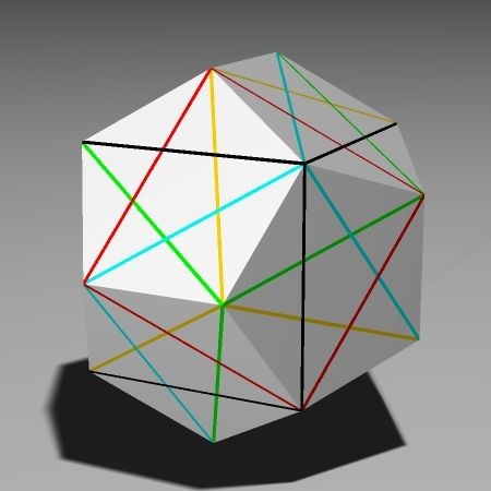 A geometric three-dimensional representation with multiple multicolored edges connecting at various vertices, creating a polyhedral structure reminiscent of aspects commonly associated with the Mazzaroth, placed on a gray surface with a shadow beneath.