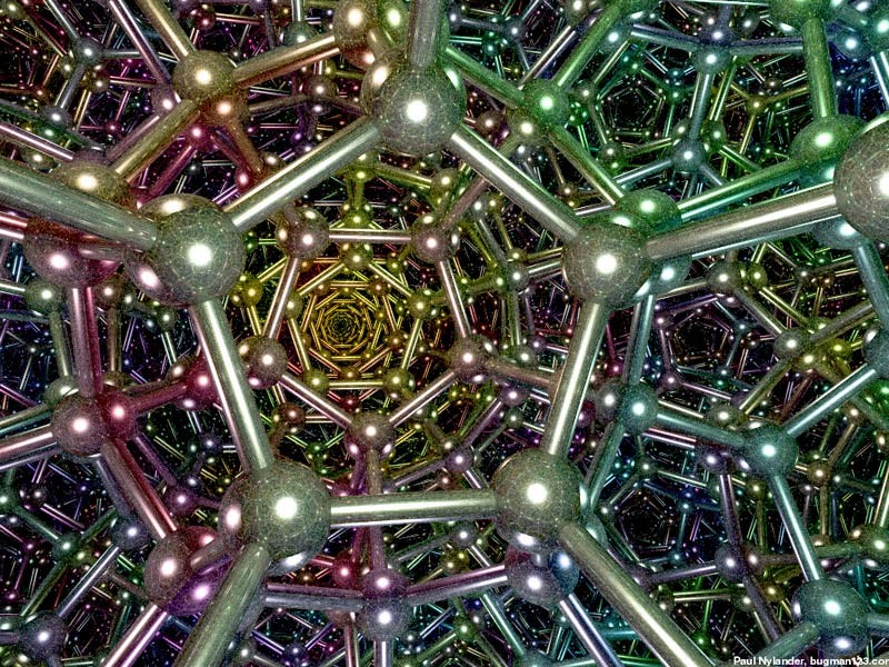 A complex network of interconnected metallic rods and spheres, bathed in multicolored lights that simulate a representation of celestial constellations interconnected in the night sky.