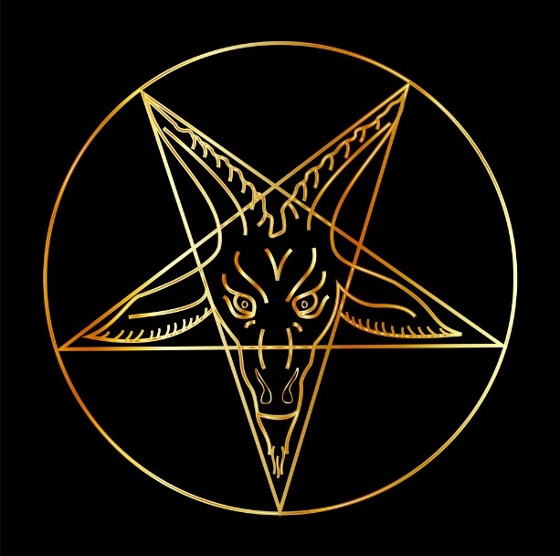 This is a graphic of a pentagram encompassed by a circle, featuring an artistic depiction of a goat's face inside the star. The imagery uses gold lines on a black background, with intricate designs on the goat's face and the star's edges.