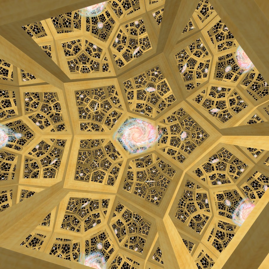 View of an ornate ceiling composed of geometrically arranged golden beams, supporting intricate lattice work that frames circular portals displaying celestial galaxies suggestive of the Mazzaroth.
