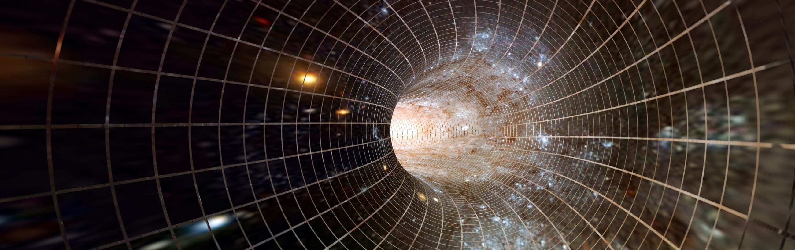 A computer-generated representation of a cosmic tunnel constructed with a grid of squares that converge towards a luminous center, simulating the perspective of traversing through a celestial passageway. The image blends shades of amber and blue light with dispersed star-like elements, suggesting a journey through an astronomical structure.