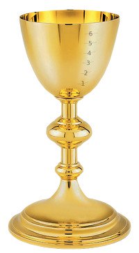A golden chalice with numeric marks etched vertically from 1 to 6, featuring a classic design with a round base, a slender stem, and a widened bowl.