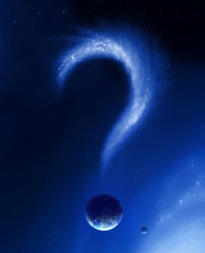 An artistic cosmic representation featuring a dark blue sky with stars arranged in a question mark shape above two celestial bodies that appear as distant planets.