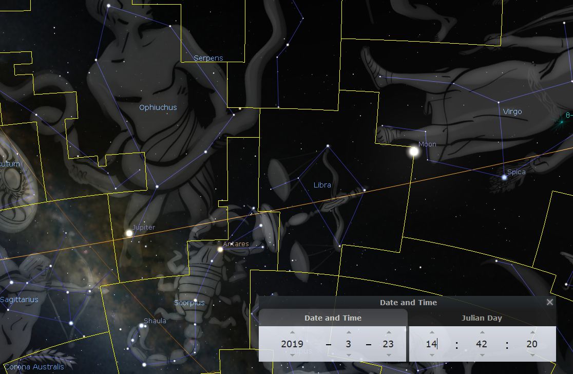 Illustrated celestial map showing constellations such as Ophiuchus and Libra, and astronomical bodies like Jupiter and the Moon. The sky is sectioned into grids with notable stars connected by lines. A date and time display indicates March 23, 2019.