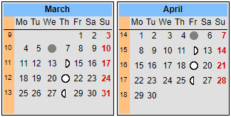 A two-month calendar showing March and April with specific days highlighted. March has one day marked with a gray circle and several days marked with a red 'D'. April shows several days marked with orange 'O' and one day marked with a red 'D'.