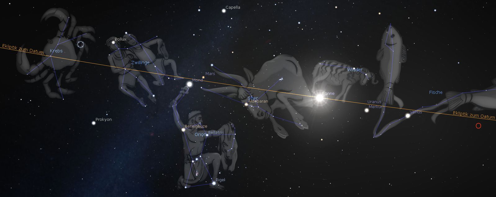 Das Bild zeigt eine Sternkarte mit strukturierten Darstellungen der Mazzaroth, darunter das Sternbild Orion und andere, umgeben von wichtigen Sternen wie Betelgeuse, Rigel und Aldebaran. Eine leuchtende Linie verdeutlicht die Eklipse, gekennzeichnet durch Namen von Sternen wie Mars und Venus sowie Sonne und Merkur.
