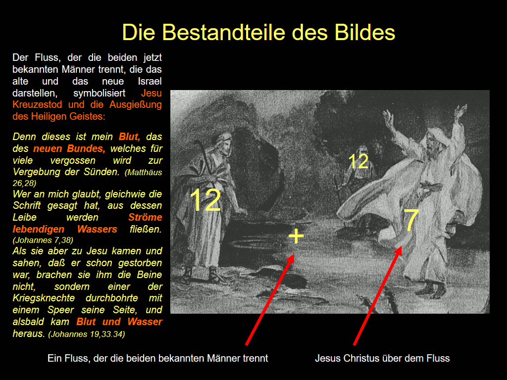 Schwarz-weiß-Bild einer biblischen Szene mit Jesus Christus, der die Arme ausstreckt und über einem Fluss schwebt, der das alte und das neue Israel symbolisiert. Der Text auf Deutsch beschreibt verschiedene biblische Aspekte des Bildes, einschließlich Bezüge zu Lebendigem Wasser und dem neuen Bund.