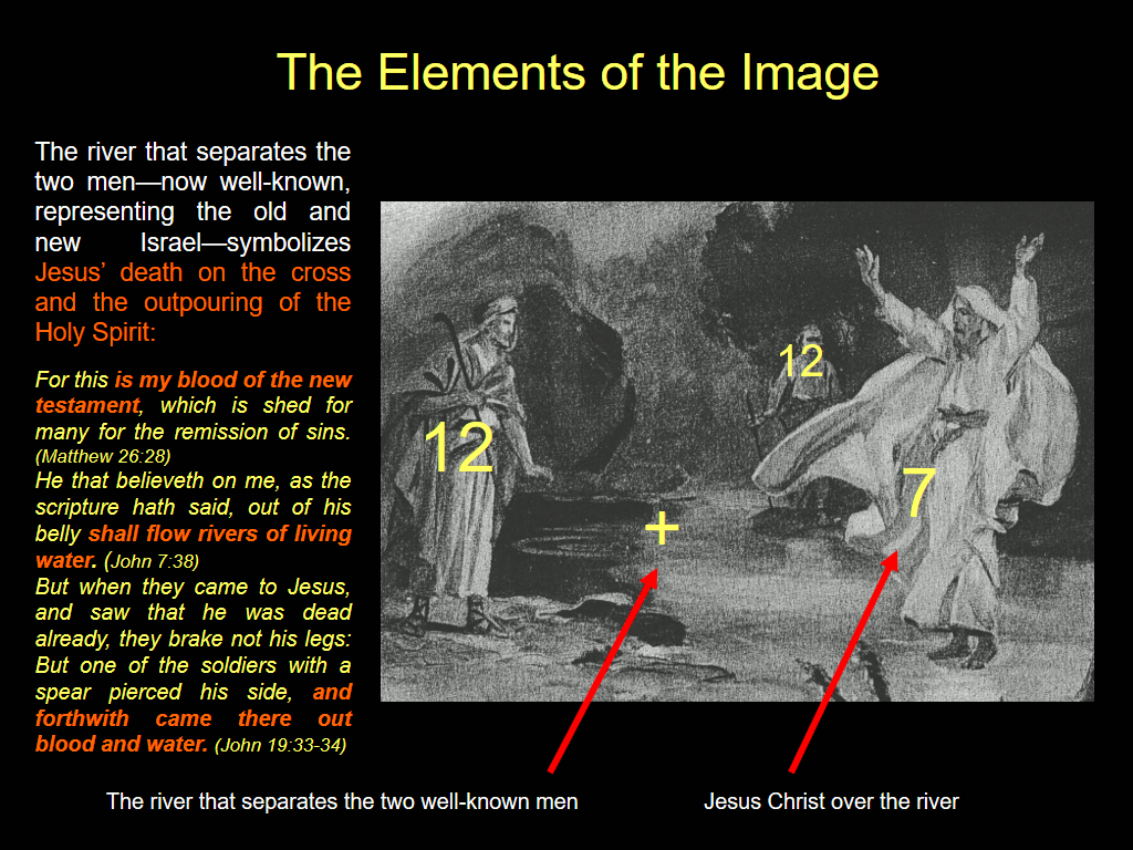 An annotated image showing a scene depicting two men standing on opposite sides of a river. On the right, a figure resembling representation of certain biblical themes is raising hands skyward. Annotations include biblical verses and numbers correlating certain elements, avoiding specific astrological references and focusing instead on symbolic representation of biblical narratives.