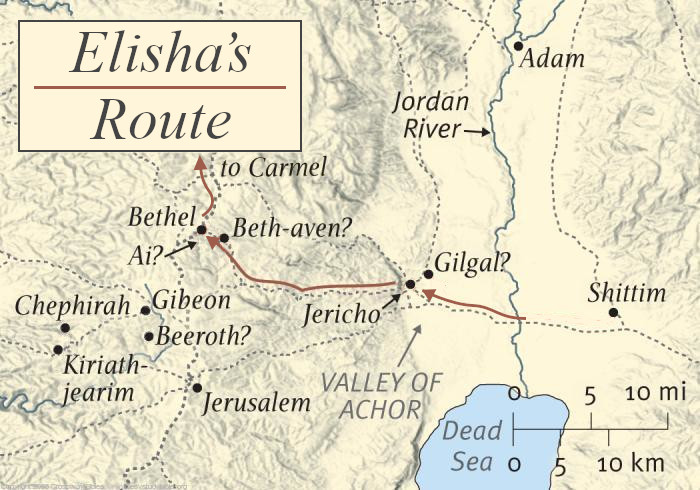 Map illustrating the route of Elisha through ancient biblical locations, featuring Bethel, Gilgal, Jericho, and the Dead Sea. The map uses a relief background to depict topography, with dotted lines marking the journey and city locations shown using small black circles.