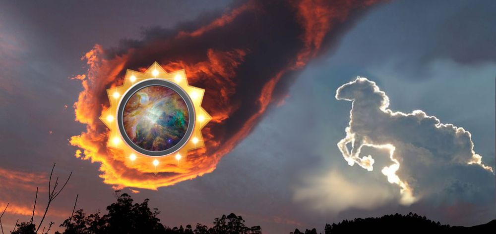 A vibrant scene depicting a nebulous celestial body encased in a radiant, star-shaped frame amid fiery clouds at sunset. To the right, a distinct cloud formation resembles a lamb, standing against a dimmer sky backdrop.
