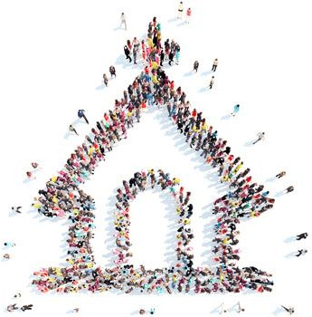 A large group of diverse people forming the shape of a house with a simple triangular roof and a rectangular base. The assembly is positioned on a neutral background, emphasizing unity and community.