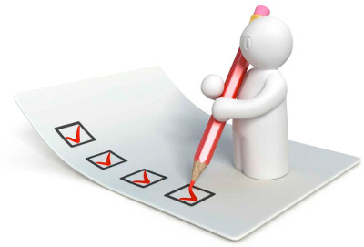 An illustrated humanoid figure holding a large red pencil ticks off a series of checkboxes on a white sheet.