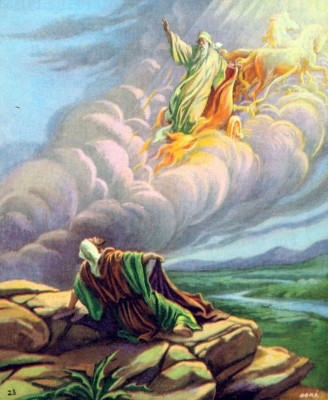 A colorful depiction of a scene involving a figure in green robes kneeling and gazing upwards towards a vision in the clouds, where an older figure in white robes gestures commandingly beside a fiery chariot led by horses ascending through the sky, illustrating a celestial narrative rooted in ancient texts.