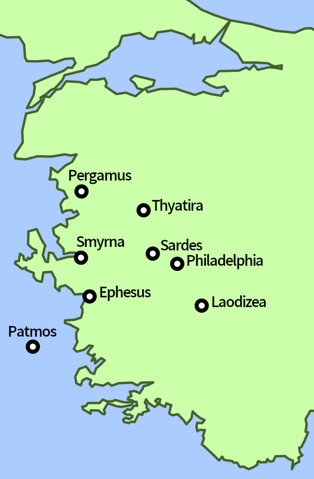 Karte, die eine Küstenregion in Grün zeigt, mit markierten Orten wie Ephesus, Smyrna, Pergamus, Thyatira, Sardes, Philadelphia, Laodizea und Patmos in Schwarz.