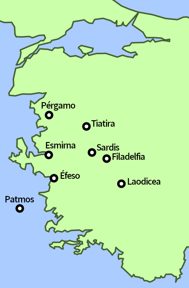 Mapa ilustrativo que muestra la ubicación de ciudades históricas en una región costera. Las ciudades marcadas incluyen Éfeso, Esmirna, Pérgamo, Tiatira, Sardis, Filadelfia, Laodicea y Patmos, distribuidas en un terreno verde con costas azules adyacentes.