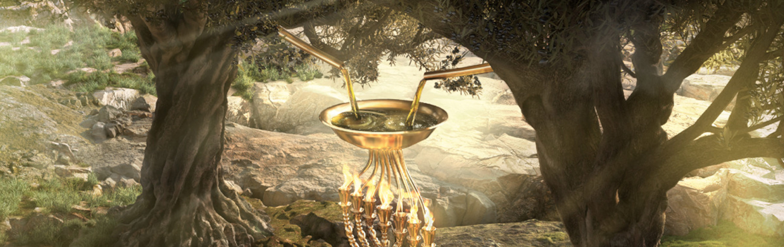 An artistic depiction in a serene natural setting shows a large golden bowl suspended between two ancient trees, over a rocky landscape. A luminous liquid flows from the bowl, cascading into a fiery structure below, implying a celestial or mystical phenomenon.