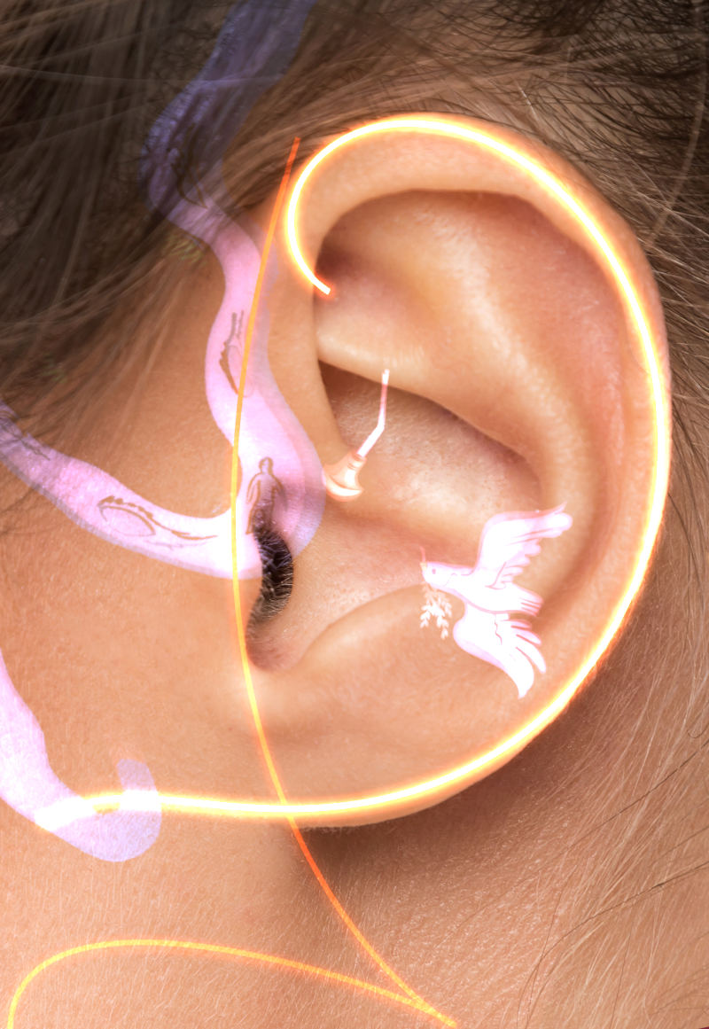 Close-up of a human ear with glowing pink and orange lines tracing the contours of the ear and fading onto the skin. The image includes a translucent illustration of a dove and other ethereal symbols around the ear area, all bathed in a soft, radiant light.
