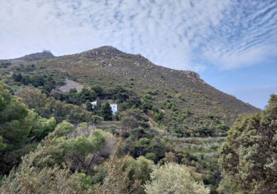 A scenic landscape featuring a lush hill partially shaded by clouds, with a small white house nestled among green trees.