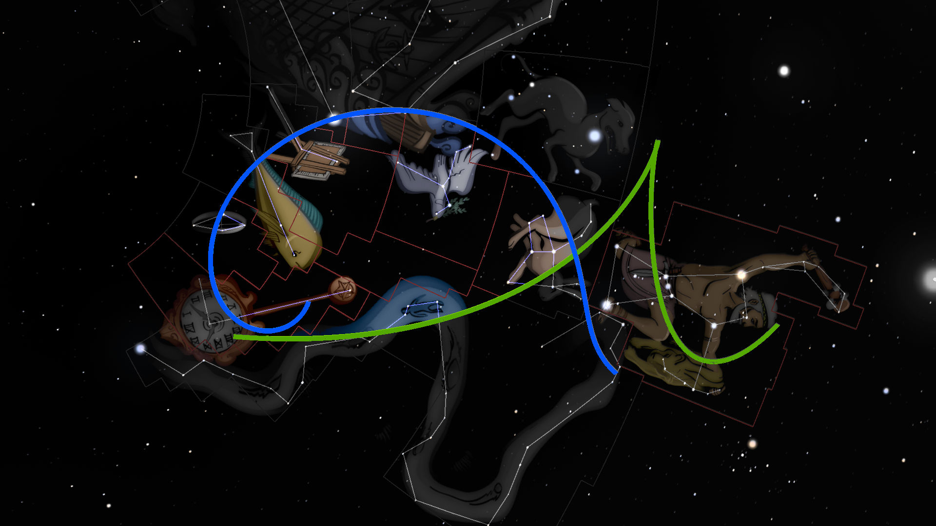 Digital artwork depicting a celestial expanse with various stylized illustrations of constellations related to the Mazzaroth. These constellations are outlined and connected by red lines, prominent against a black starry background. Multi-colored lines, in blue and green, swirl dynamically around and through the constellations.