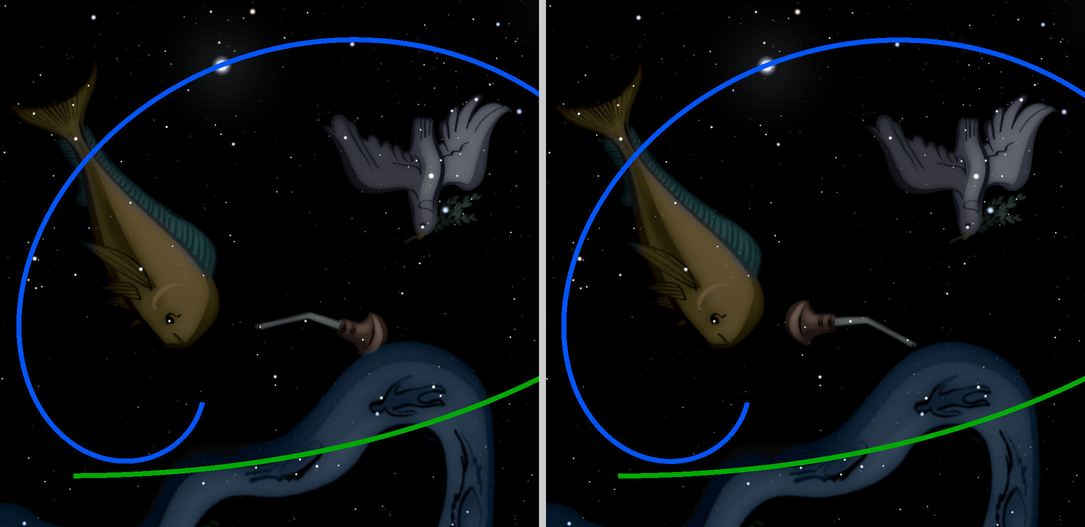 A digital illustration depicts a starlit sky adorned with a large, fish-like figure in pale green and yellow tones, and a bird-like figure in gray hues. Each figure is encompassed by a blue arc, illustrating their movement or placement amongst the stars. The scene is enhanced by a backdrop of numerous small, twinkling stars.