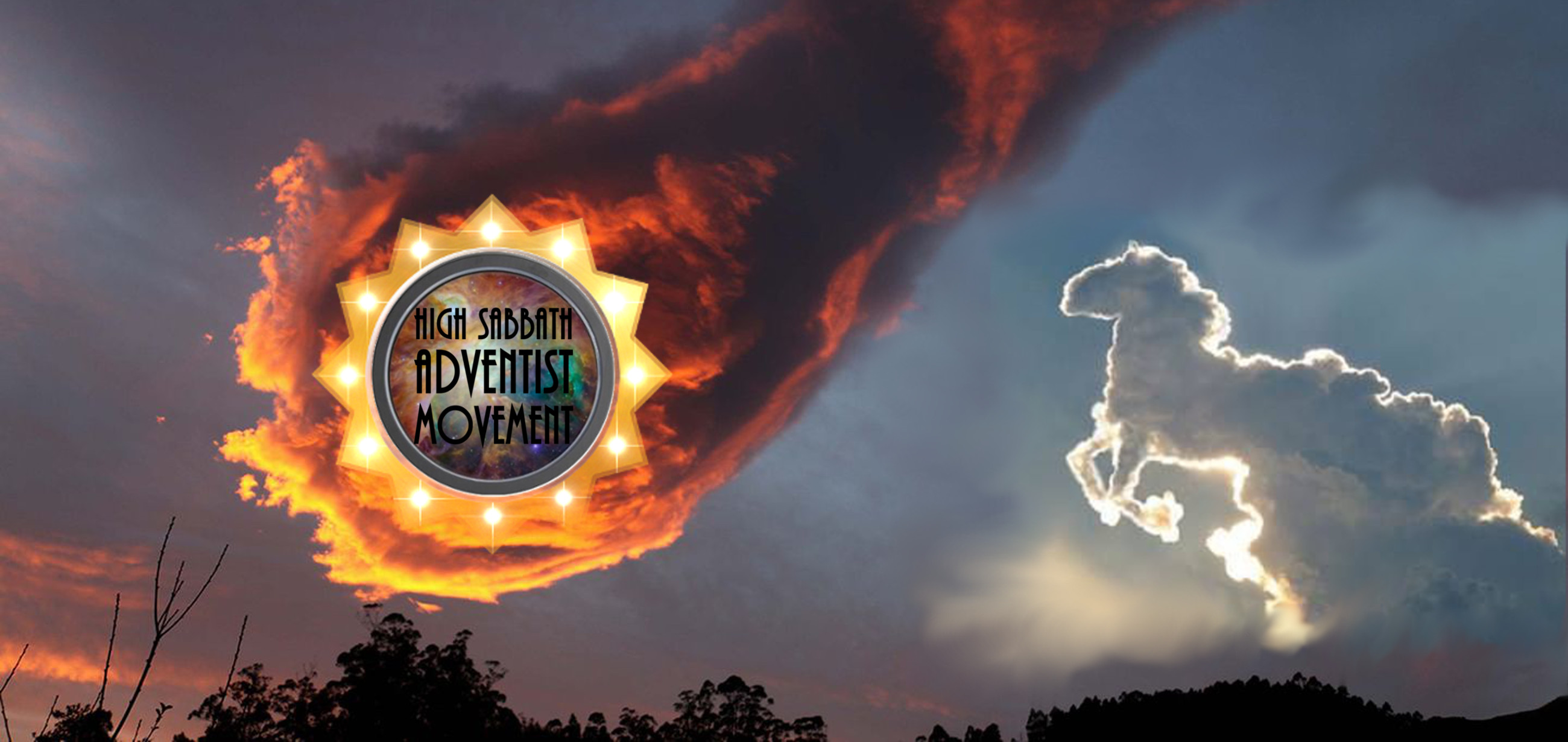 An image depicting a dramatic twilight sky with dark clouds on the left gradually transitioning to brighter sky on the right. The clouds are illuminated by the sunset, casting an orange glow. A silhouette of a cloud resembling an animal from the Mazzaroth appears on the right, highlighted by the sun. On the left, a graphic with the text "High Sabbath Adventist Movement" is encircled by a star-like emblem with light bulbs.