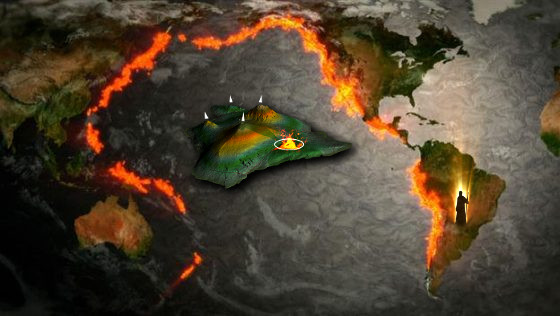 A fantastical image depicting a floating island with a castle and a vibrant green landscape above a stylized Earth map with fiery fissures along tectonic boundaries. A solitary figure stands illuminated by a flame on South America.