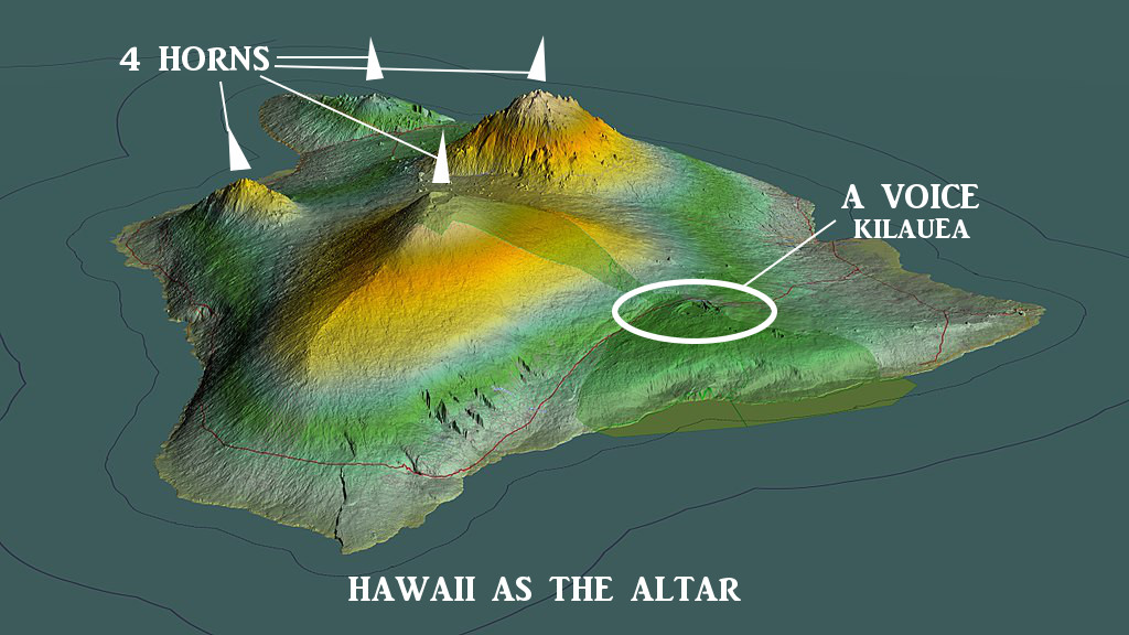 A topographical map of Hawaii designed to metaphorically depict it as an altar. The map uses color gradients to highlight differences in elevation, with labels pointing to four peaks as "4 Horns" and the Kilauea volcano area circled as "A Voice Kilauea".
