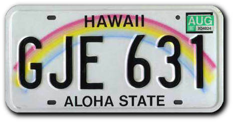 A Hawaii license plate featuring the text "HAWAII" at the top and "ALOHA STATE" at the bottom. The plate number "GJE 631" is displayed in large black letters. Above the numbers, there is a colorful arch resembling a natural spectrum created by light dispersion through moisture in the Earth's atmosphere.