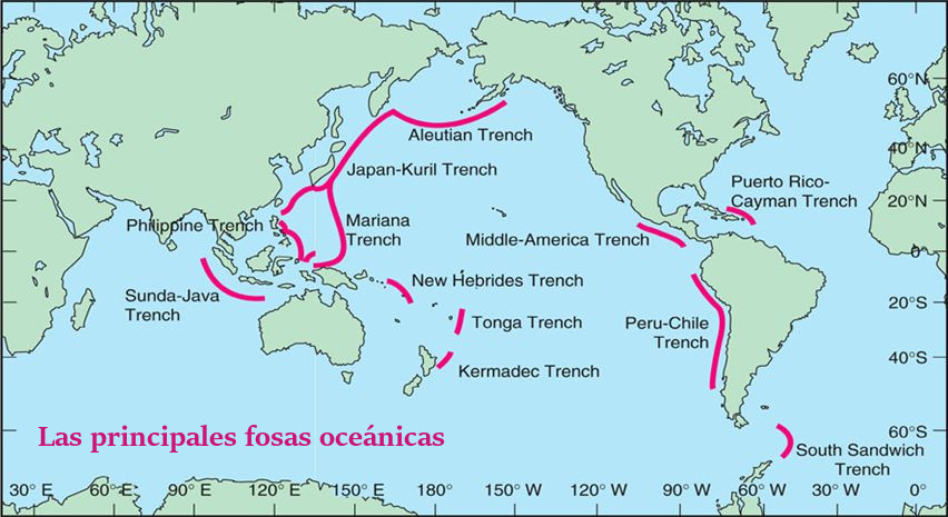 Mapa mostrando la ubicación de las principales fosas oceánicas del mundo, incluyendo las fosas de Marianas, Japón-Kuril, Aleutianas, Filipinas, Sunda-Java, Sandwich del Sur, Perú-Chile, Tonga, Kermadec, Nuevas Hébridas, y la fosa de Puerto Rico-Caimán, etiquetadas en trazos rosas sobre un fondo de mapa terrestre en color azul claro.