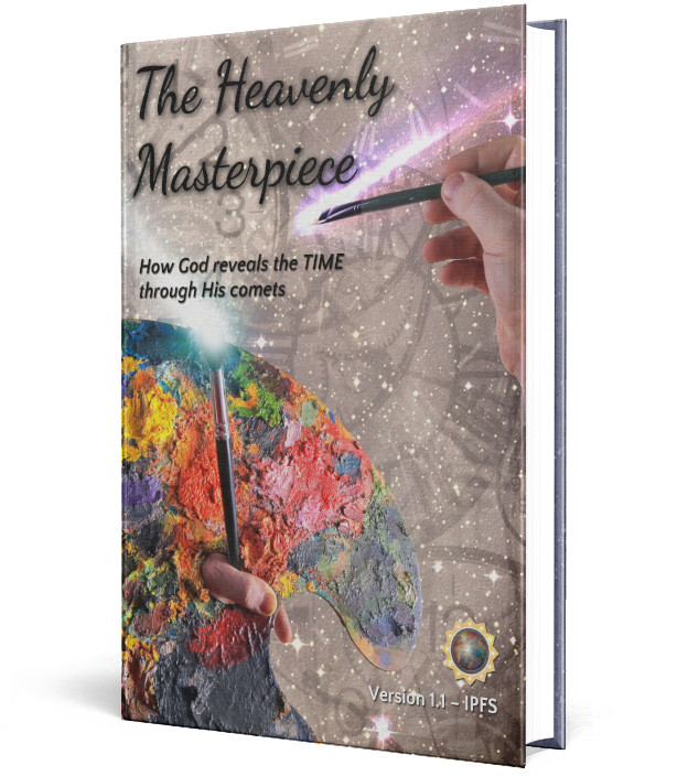 A book titled "The Heavenly Masterpiece" featuring an image of a hand holding a paintbrush, touching a brightly colored palette. The background depicts a star-filled celestial scene, emphasizing the theme of divine cosmic influence through comets.