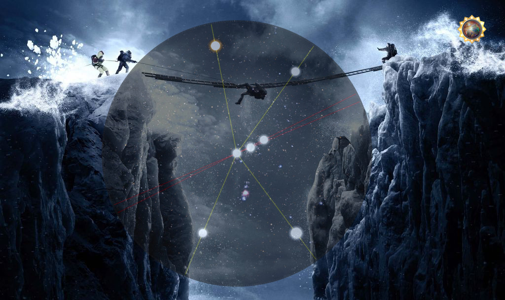 A dramatic digital artwork depicting two adventurers ascending a steep, icy mountain under a night sky, linked by a safety rope. One climber is reaching out towards the peak while the other follows closely. In the background, a large cosmic sphere is illustrated with luminous celestial bodies aligned in Mazzaroth-like formations, connected by red and yellow lines. On the right, atop another peak, a figure stands extending a pole toward a radiant sun-like sphere.